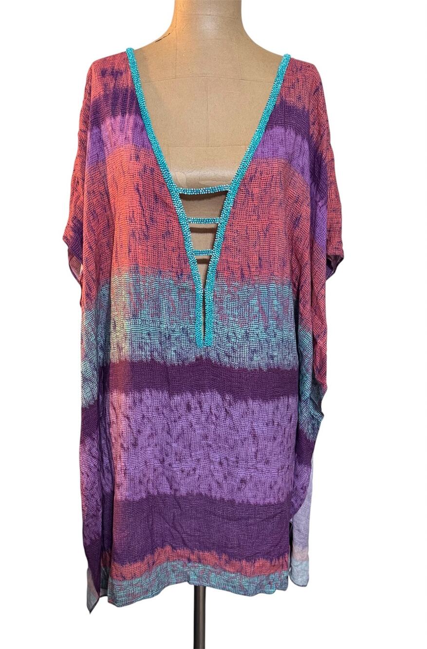 ViX Paula Hermanny Swim Cover Purple Stripe Turquoise Beaded Neck size Large